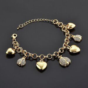 Chic Gold-Plated Charm Bracelet with Crystal Beetle and Heart Accents